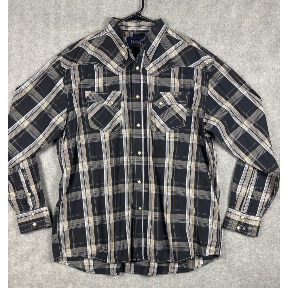 Classic‎ Western Pearl Snap Shirt Plaid Long Sleeve 2XLT Black Tan